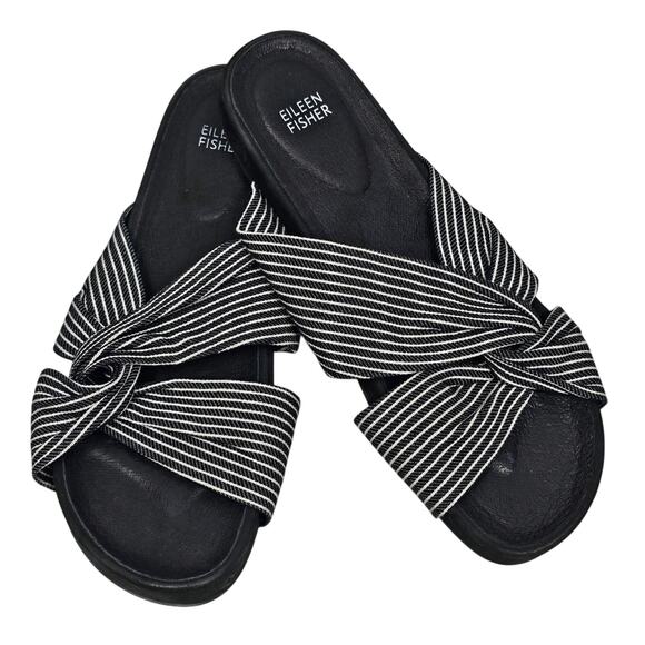 Eileen Fisher Pal Black Stripe Canvas Slides Size 10 - Picture 1 of 10